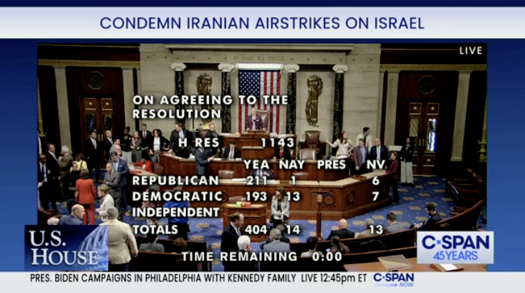 🚨BREAKING: 13 extreme House Democrats just voted not to condemn Iran’s unprecedented drone and missile attack on Israel. Once again, House Dems stand with terrorists over Israel.