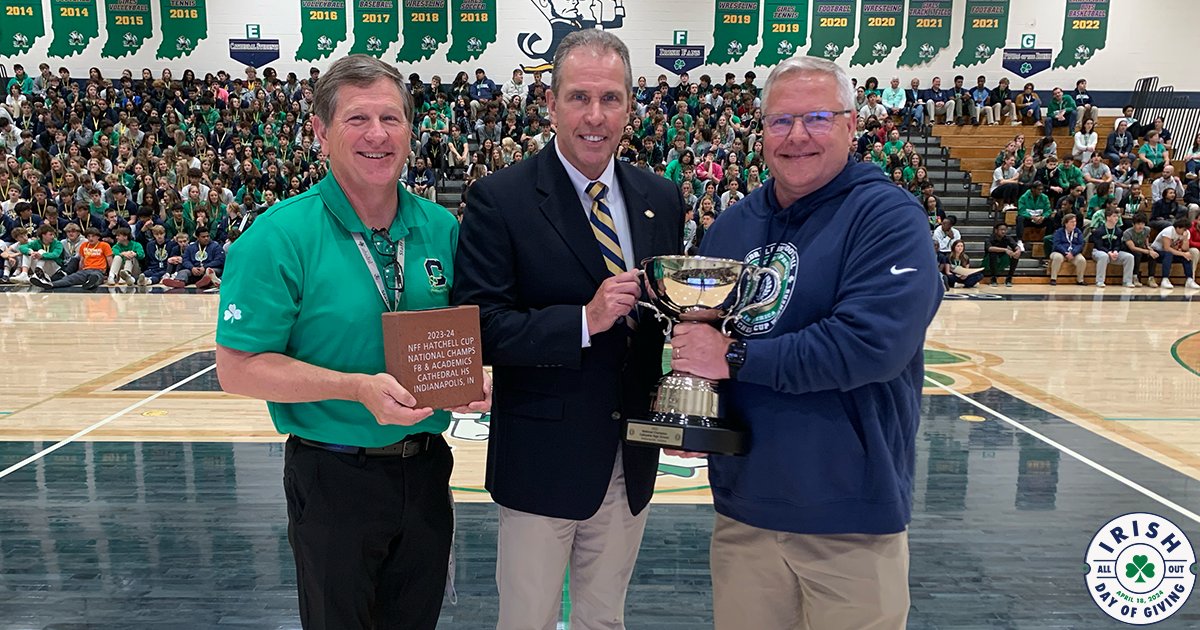 Cathedral football was presented the Hatchell Cup to recognize the Fighting Irish as the top high school football team in the nation for excellence in the classroom, on the field and in the community! @CathedralFBall | @gochsathletics