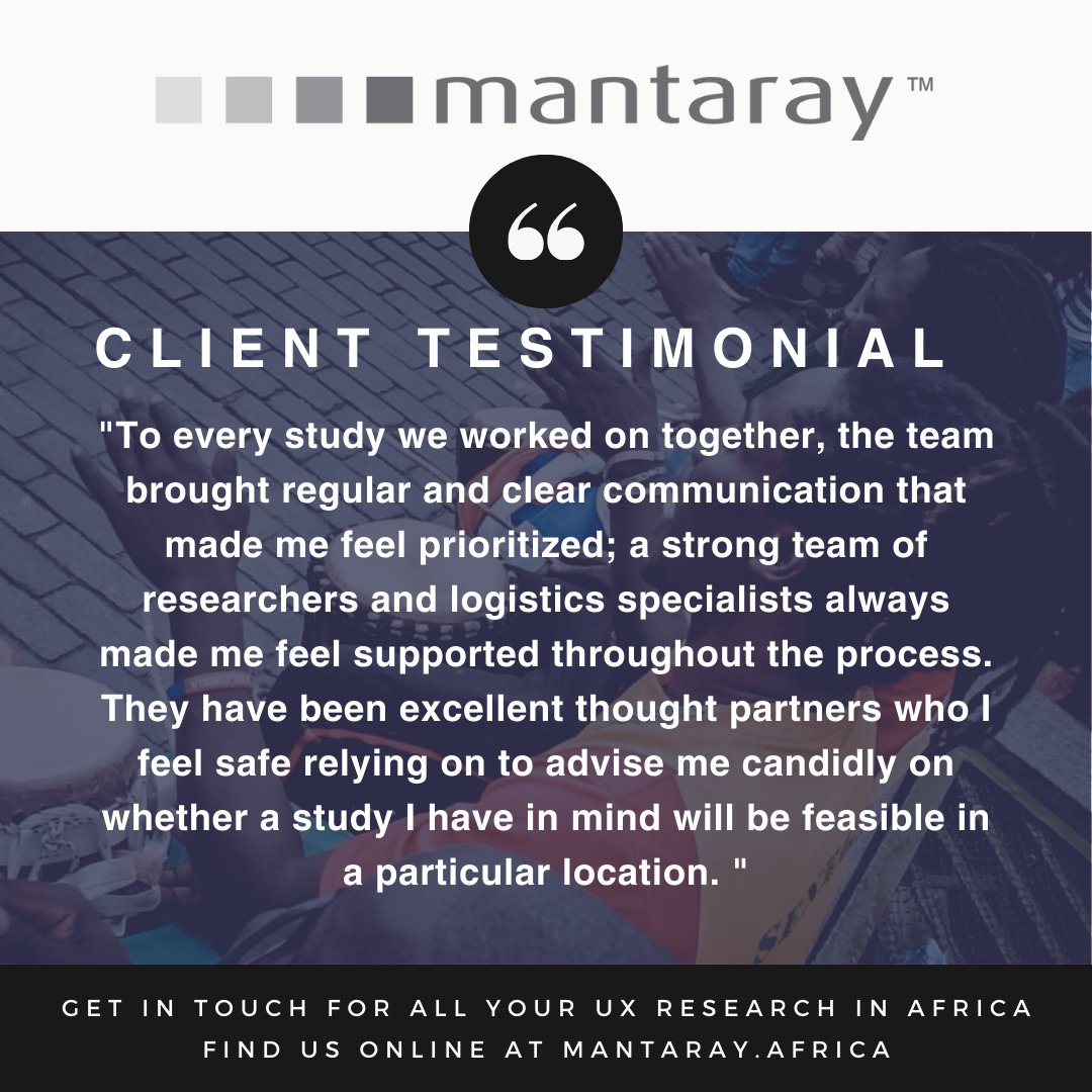 👌 We pride ourselves on providing a complete experience from start to finish for our clients with clear communication throughout.

#UXR #UXResearch #UXAfrica #UXAgency #UXinAfrica
