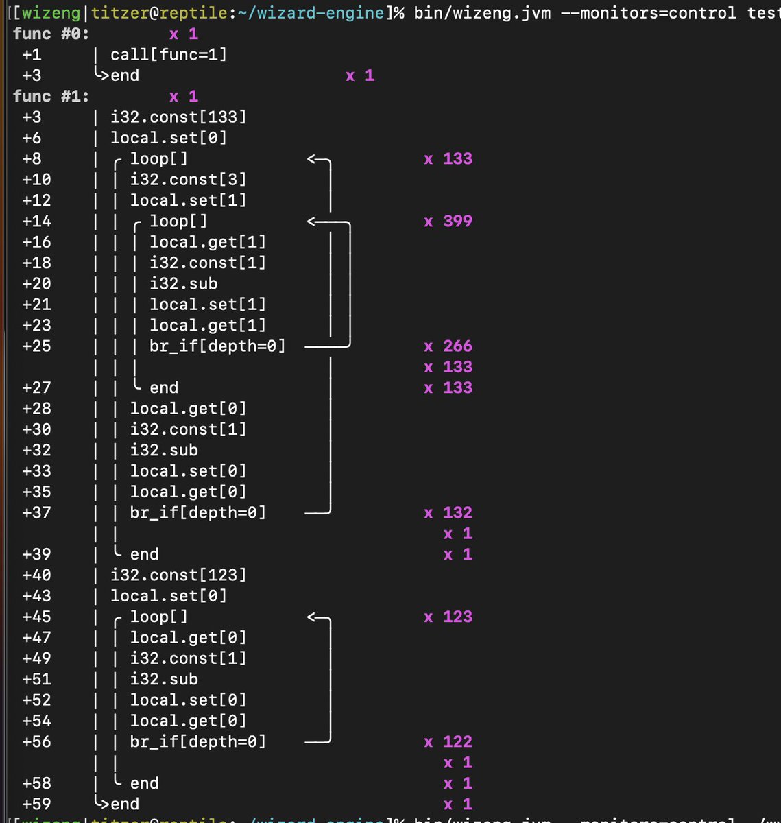 I am very proud of my ASCII art skills. I should have done this ages ago. This is the output of the 'control' monitor in Wizard, which profiles all branches and loops in a Wasm program.