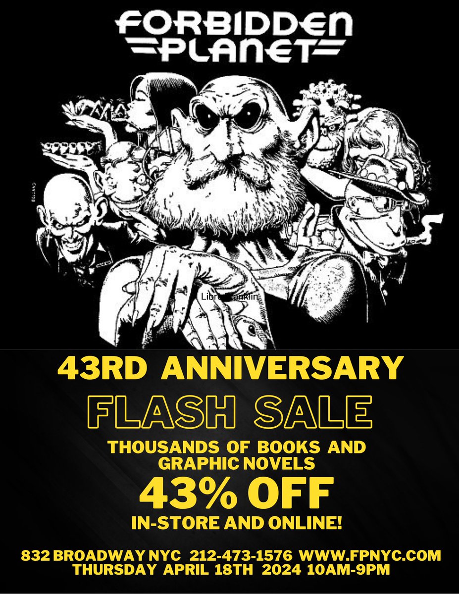 YOU can celebrate our 43rd Anniversary by saving 43% off thousands of items in two departments that helped get us here - Books fpnyc.com/books and Graphic Novels fpnyc.com/graphic-novels in-store and online TODAY ONLY!