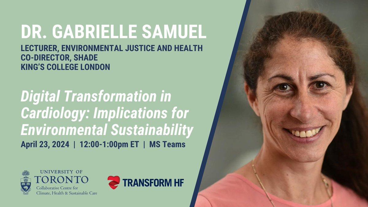 TRANSFORM #HeartFailure & the Collaborative Centre for Climate, Health & Sustainable Care are proud to support a Cardiology Rounds featuring Dr. Gabby Samuel! Join us to learn what the #digital transformation in #cardiology means for the #environment: buff.ly/49PXZ0s