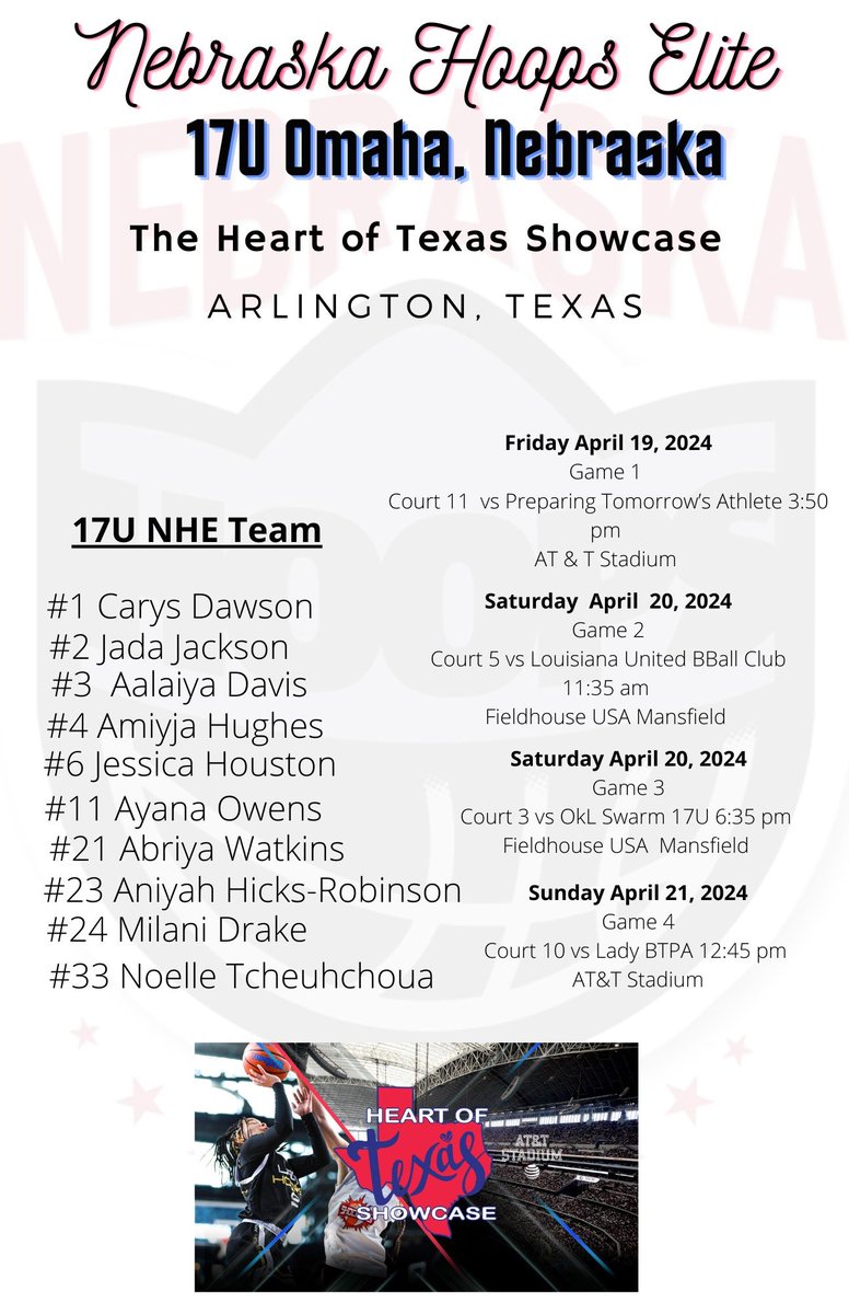 NHE17Ugirls's tweet photo. Coaches, we coming to AT&amp;T Stadium for the Heart of Texas Showcase! We have players, come see us! 2025’s &amp; 2026’s schedule below! @80Midwest @Elite40League @EPIC_4_Girls @Ohio_Basketball @ReportSleeper @PGHNebraska @InsiderExposure @WorlExposureWB https://t.co/e8JotObtaQ