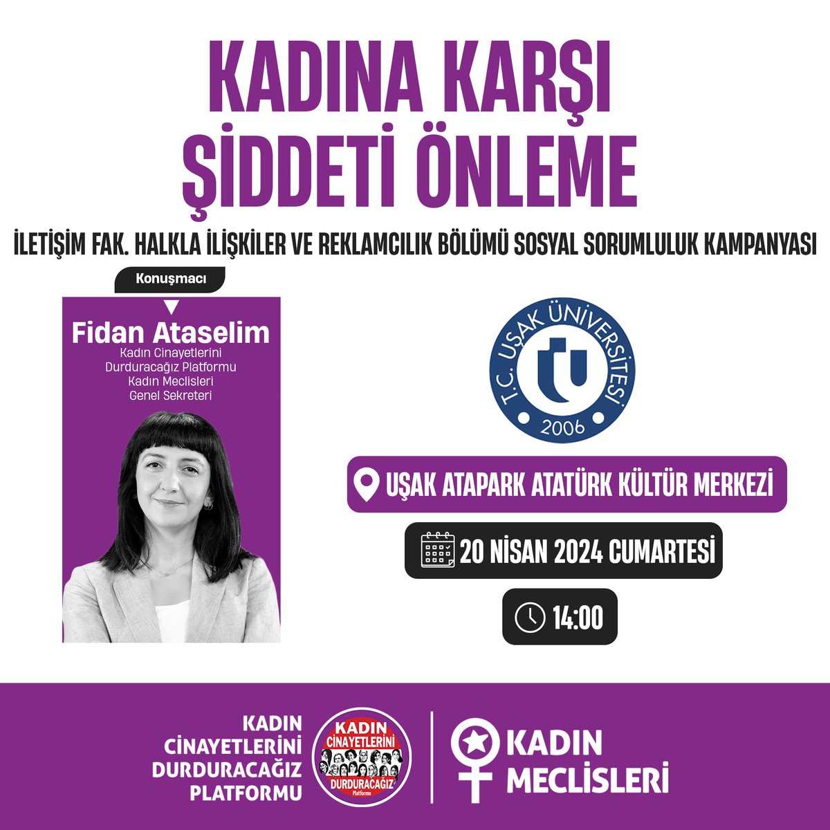 📍Genel Sekreterimiz @fidanataselim Uşak’ta! Cumartesi günü Uşak Üniversitesi İletişim Fakültesi Halkla İlişkiler ve Reklamcılık Bölümü’nün düzenlediği panele Uşak’takileri bekliyoruz. @universiteusak