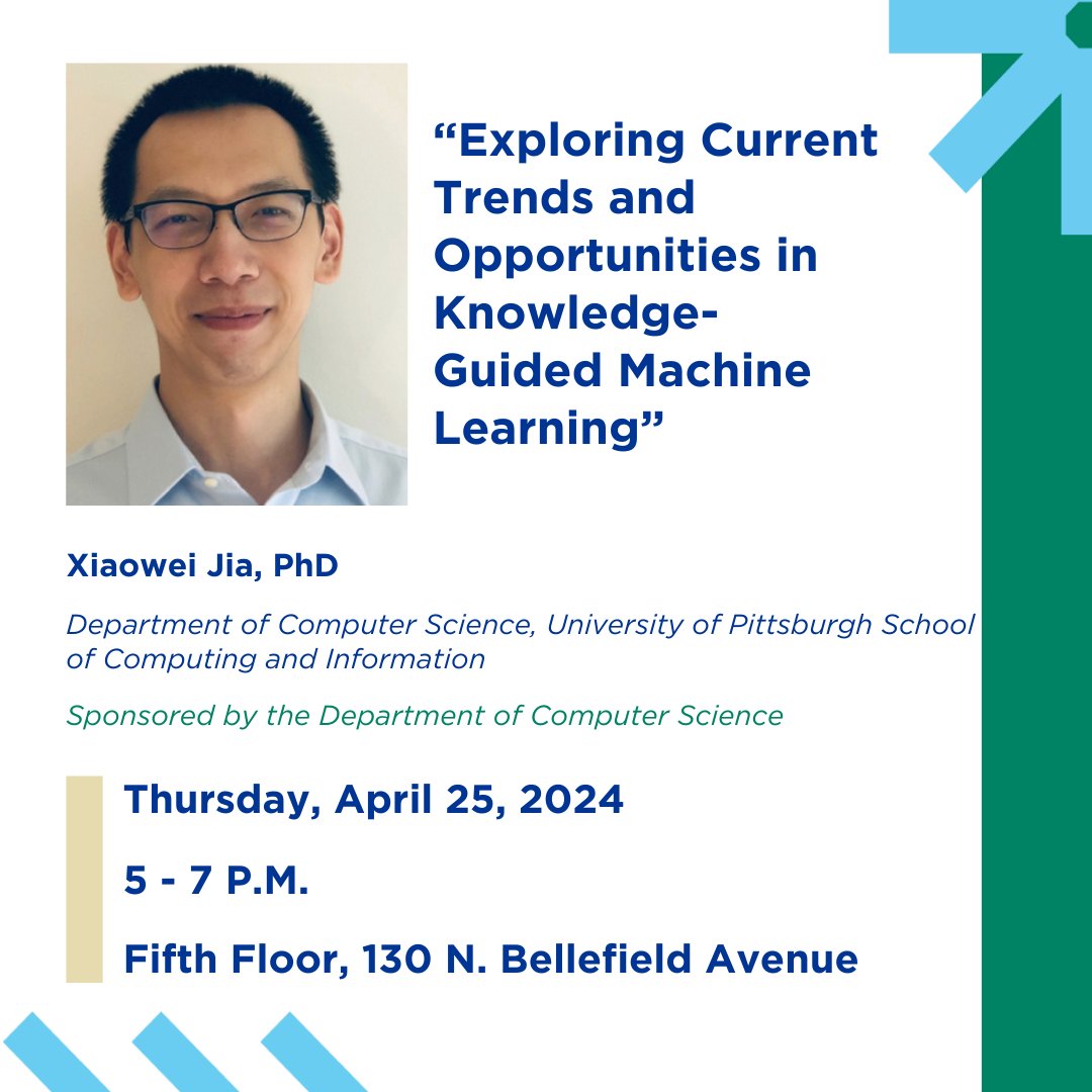 Join us for the final Dean's Spotlight Series talk! CS assistant professor Xiaowei Jia will present on April 25 from 5-7 p.m. Learn more and register: sci.pitt.edu/deans-spotligh…