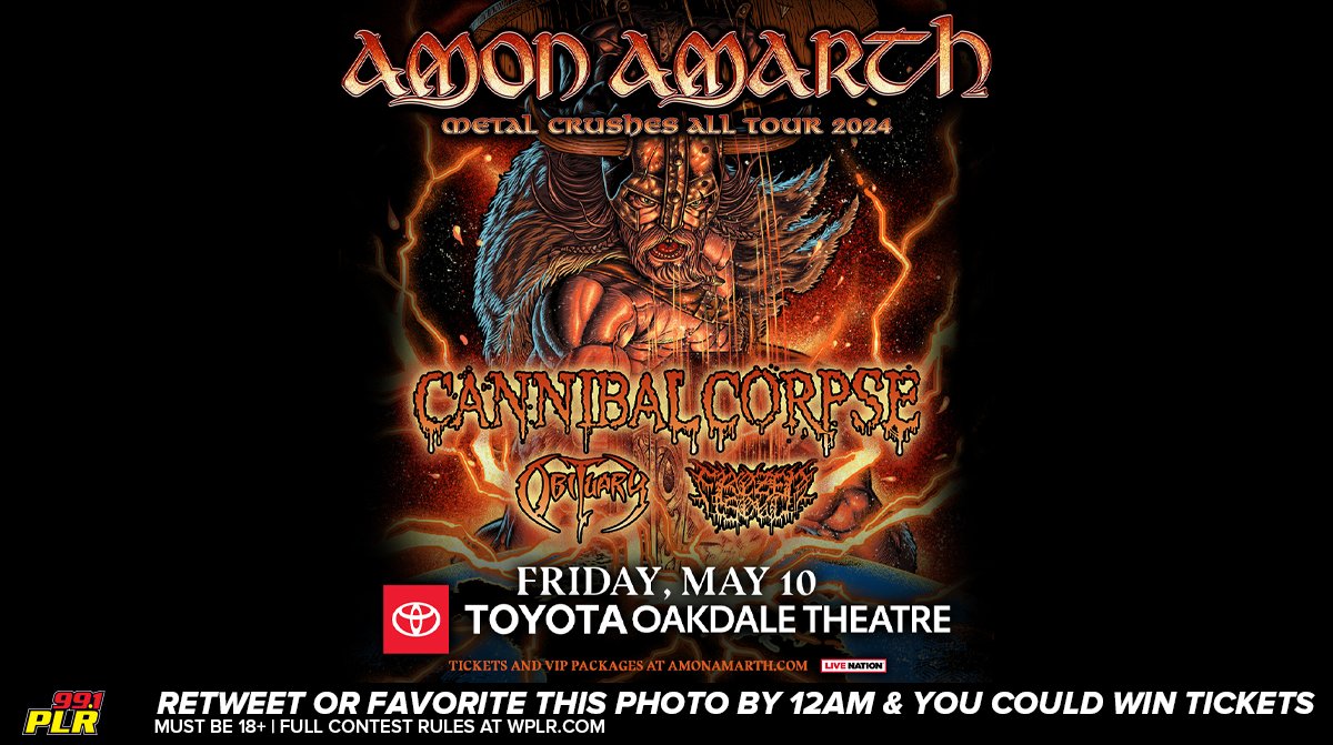 991PLRFM's tweet photo. Today is #TwitterThursday!

RE-TWEET or FAVOR by midnight for a chance to win 2 tickets to see #AmonAmarth at Toyota Oakdale Theatre on Friday, May 10th.

Must be a CT Resident, 18+ and following us to win. Account must be public. Winners will be announced tomorrow at 10 am. https://t.co/FnYGf0feyv