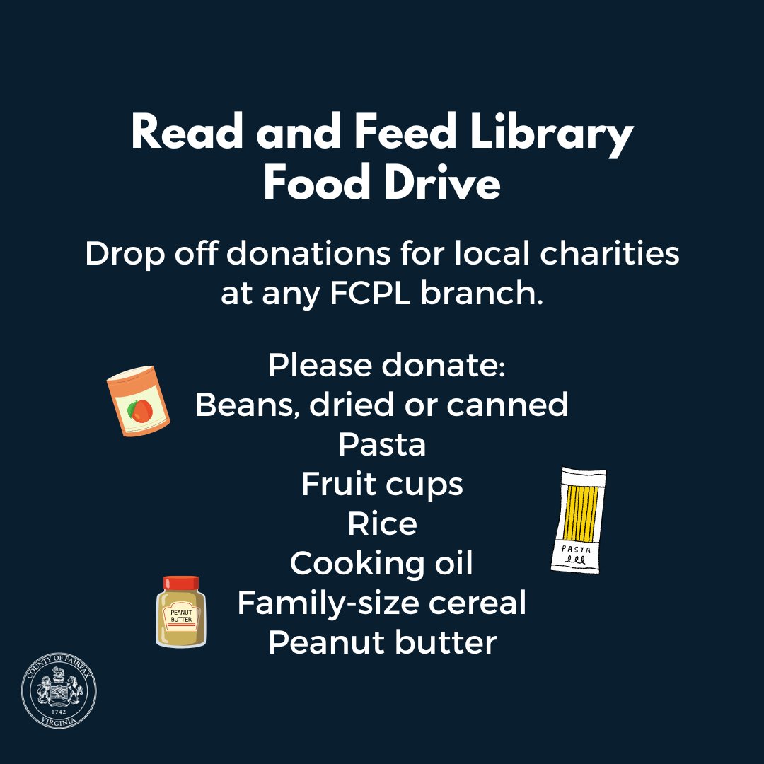 Throughout April, @fairfaxlibrary is collecting food donations for the third annual Read and Feed food drive! 🥫 Drop off donations at any FCPL branch during its regular hours. Learn more about why the drive and which food items are most needed: bit.ly/4aBIh9R?utm_so…