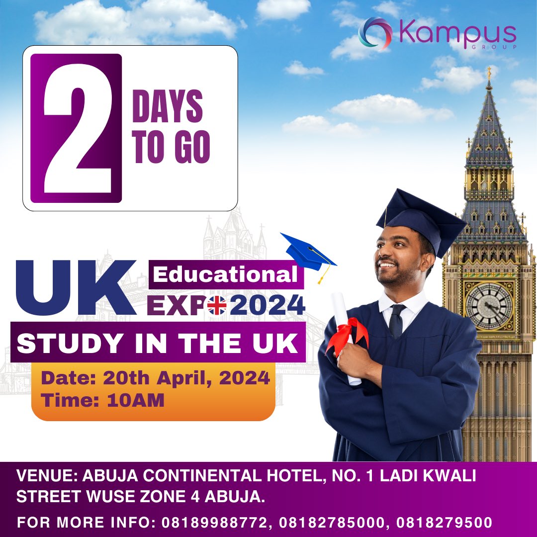 2 DAYS TO GO!!!🎉

The biggest Study abroad Expo in Abuja is happening on the 20th of April, 2024 at The Abuja Continental. Time is 10am. 

Discover new opportunities, network with experts, and take your future to the next level.

#AbujaTwitterCommunity #kampusgroup