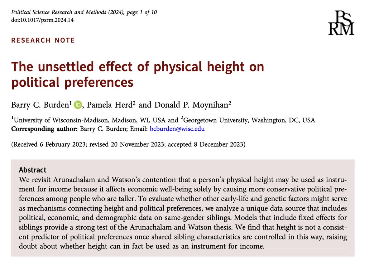 New article w Pam Herd & @donmoyn: We confirm that taller people are (slightly) more Republican, but it's not because they have higher incomes. Personality differences between the tall and short are more likely culprits. cambridge.org/core/journals/…