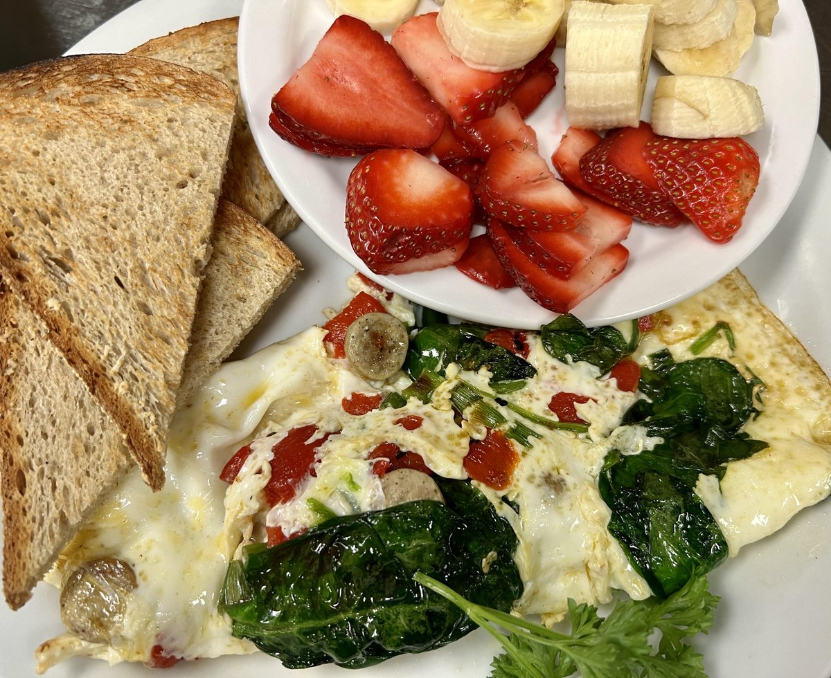 Our Targhee Omelet is the perfect picture of a healthy breakfast!  Veggies, fruit, lean proteins, and grains all in one delicious meal!  #targheeomelet #healthyeating #eggwhitewednesday #hearthealthy #jakeseatery #newtownpa #richboropa