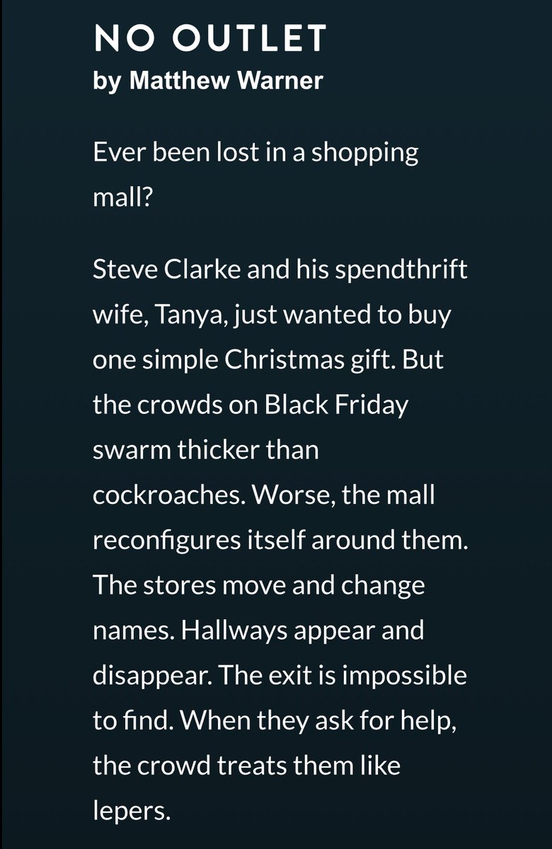 ron_clinton's tweet photo. @TalkScaredPod It does sound intriguing…but if you have trouble waiting and need to scratch that itch earlier, you could whet your appetite with essentially the same story in an earlier novella by @MatthewWarnerVA, NO OUTLET, published a decade or so ago by @ThunderstormBks. https://t.co/MOICU3u503