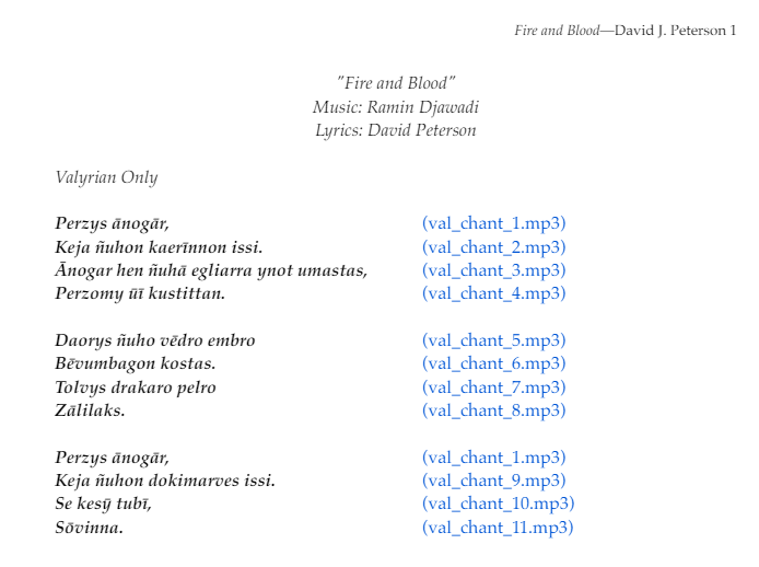 kataly0911's tweet photo. omg the song 'Fire and Blood' has THIS BEAUTIFUL lyrics written by the creator of High Valyrian but NO ONE actually sings it yet???? I couldn't find any on utube 😭 https://t.co/SO41Ky5drM