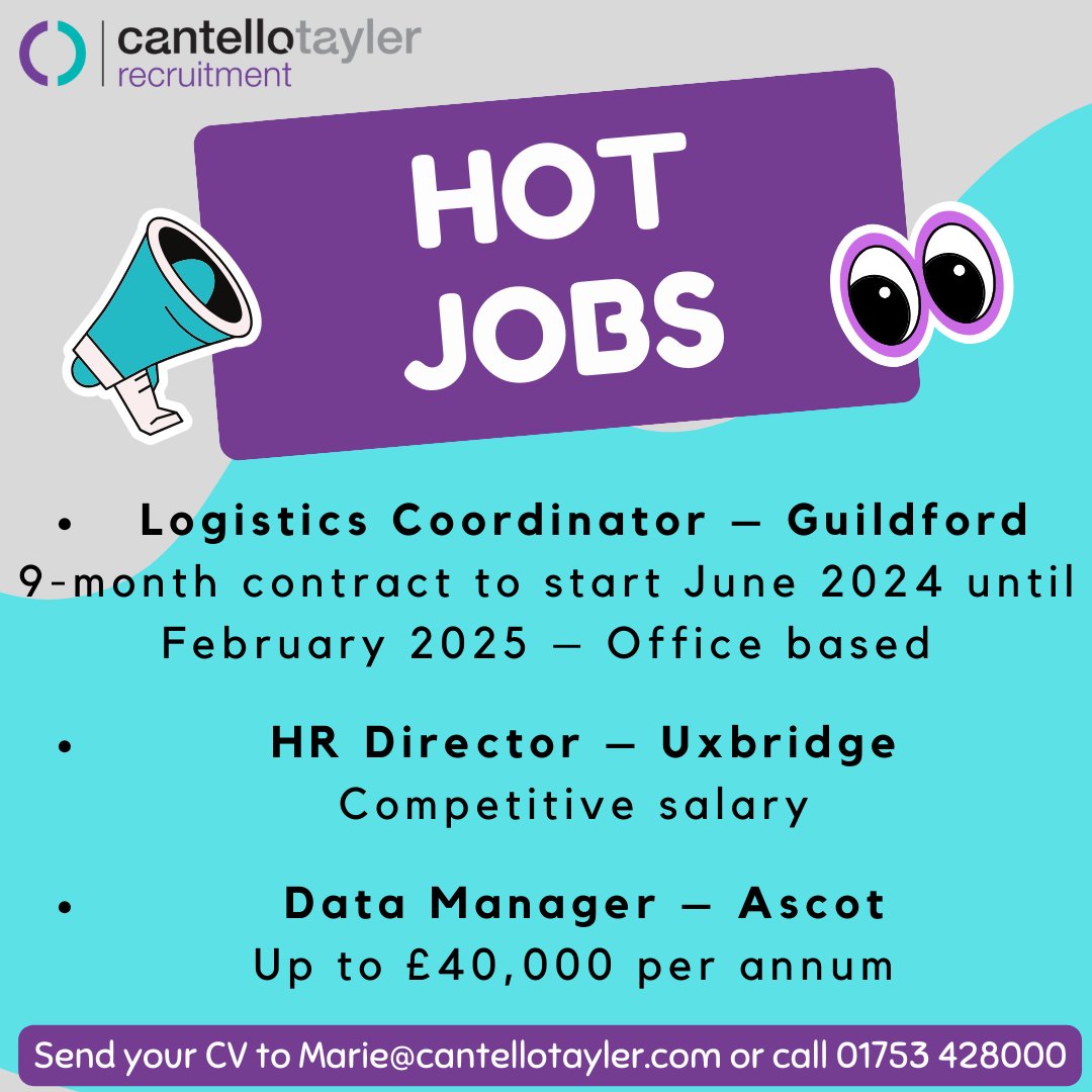 🔥 Hot Jobs! 🔥

📲 01753 428000
✉️ enquiries@cantellotayler.com

#newjob #findajob #jobsearch