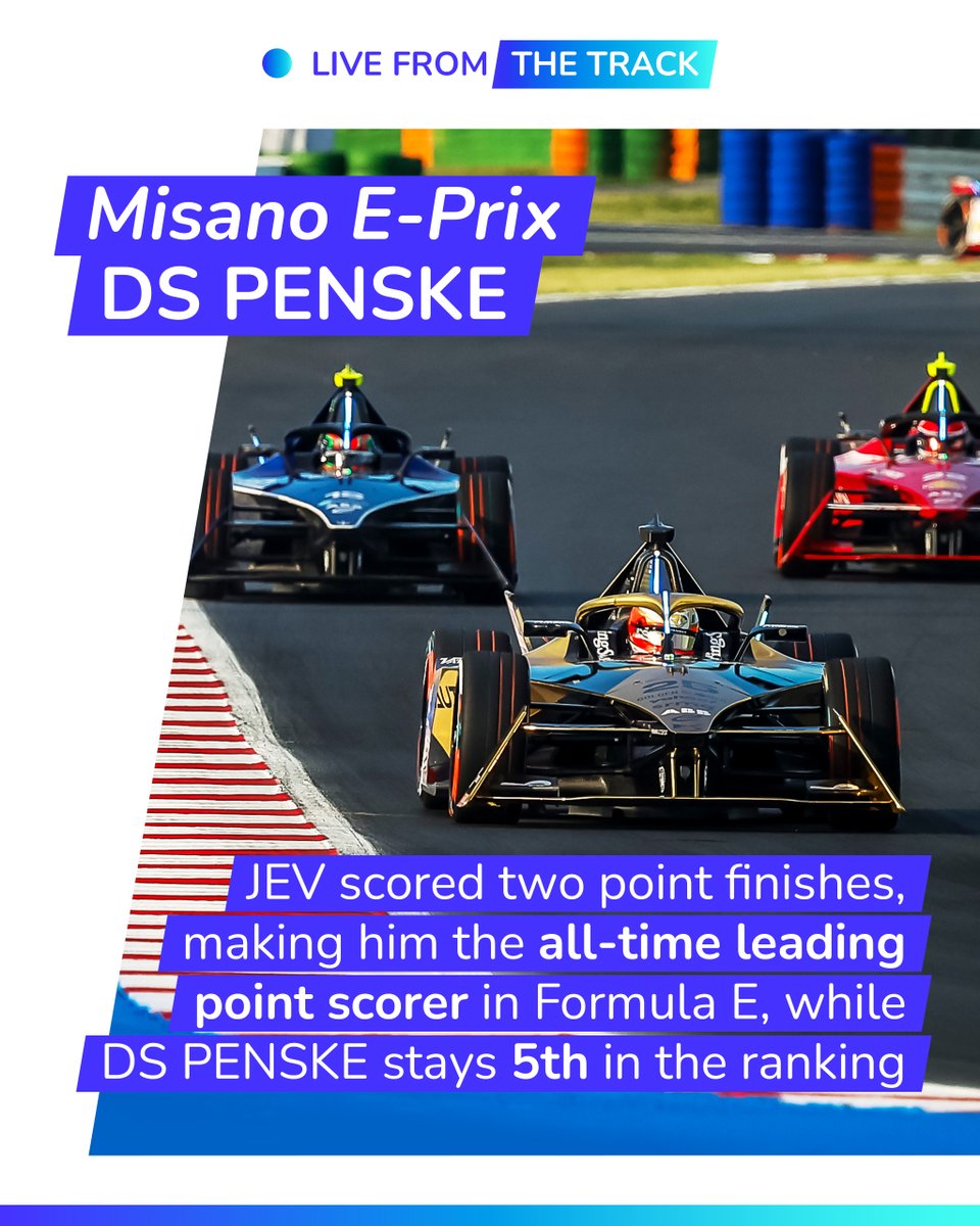 ✳️ Live From The Track! DS PENSKE drivers had a strong weekend in Misano 🇮🇹, with JEV scoring two point finishes 🏁, making him the all-time leading point scorer in Formula E, while the team stays 5th in the ranking! ✨ #SustainableMotorsport #Electric #DSPENSKE @DS_Performance