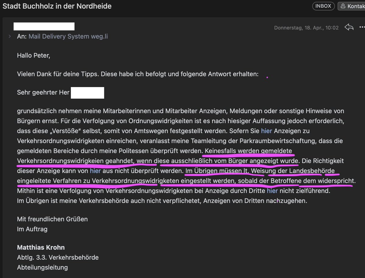 😮 Buchholz in der Nordheide setzt mit dem Antwortschreiben vom Abteilungsleiter der Verkehrsbehörde in seiner Offenheit dem Ganzen die Krone auf.