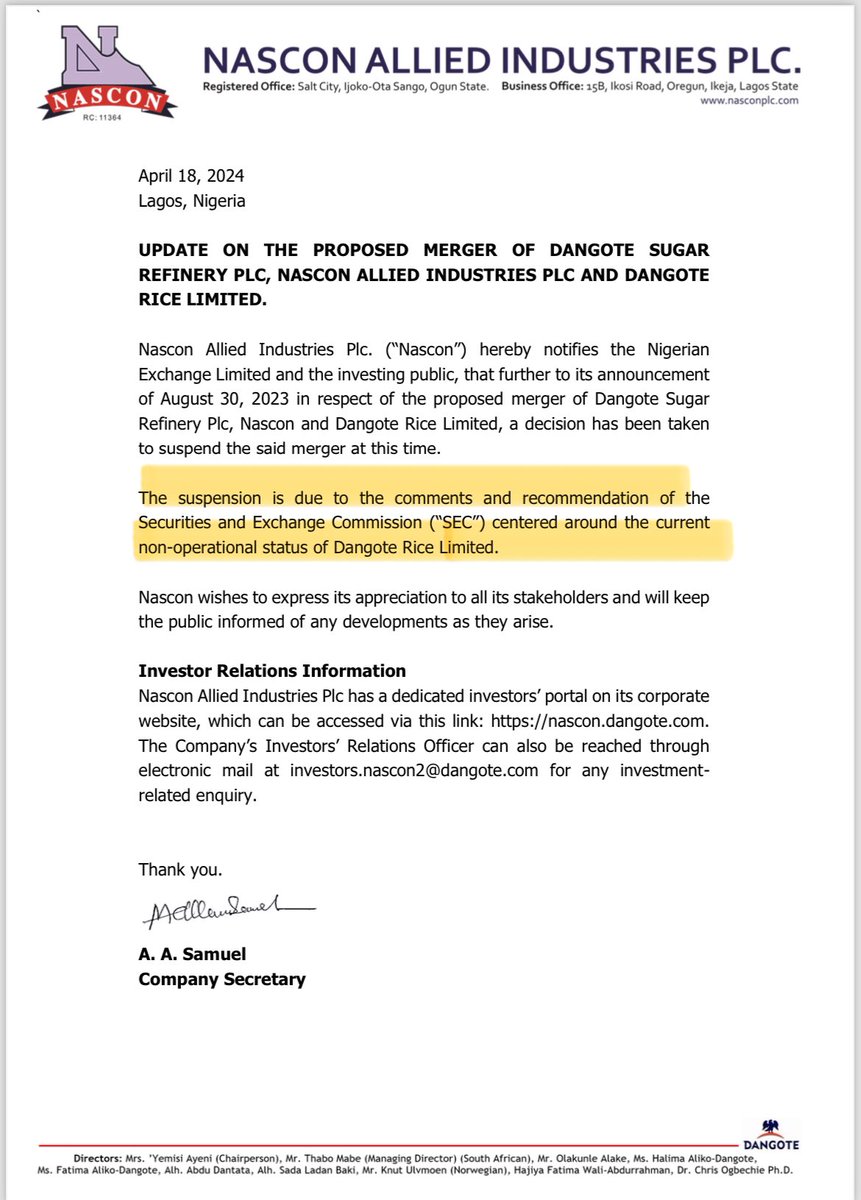 Dangote Merger that caused his companies shares to quadruple last year has been suspended. Dangote Rice which had the most favorable exchange ratio in the merger was actually non-operational. Wonders shall never end in NGX.