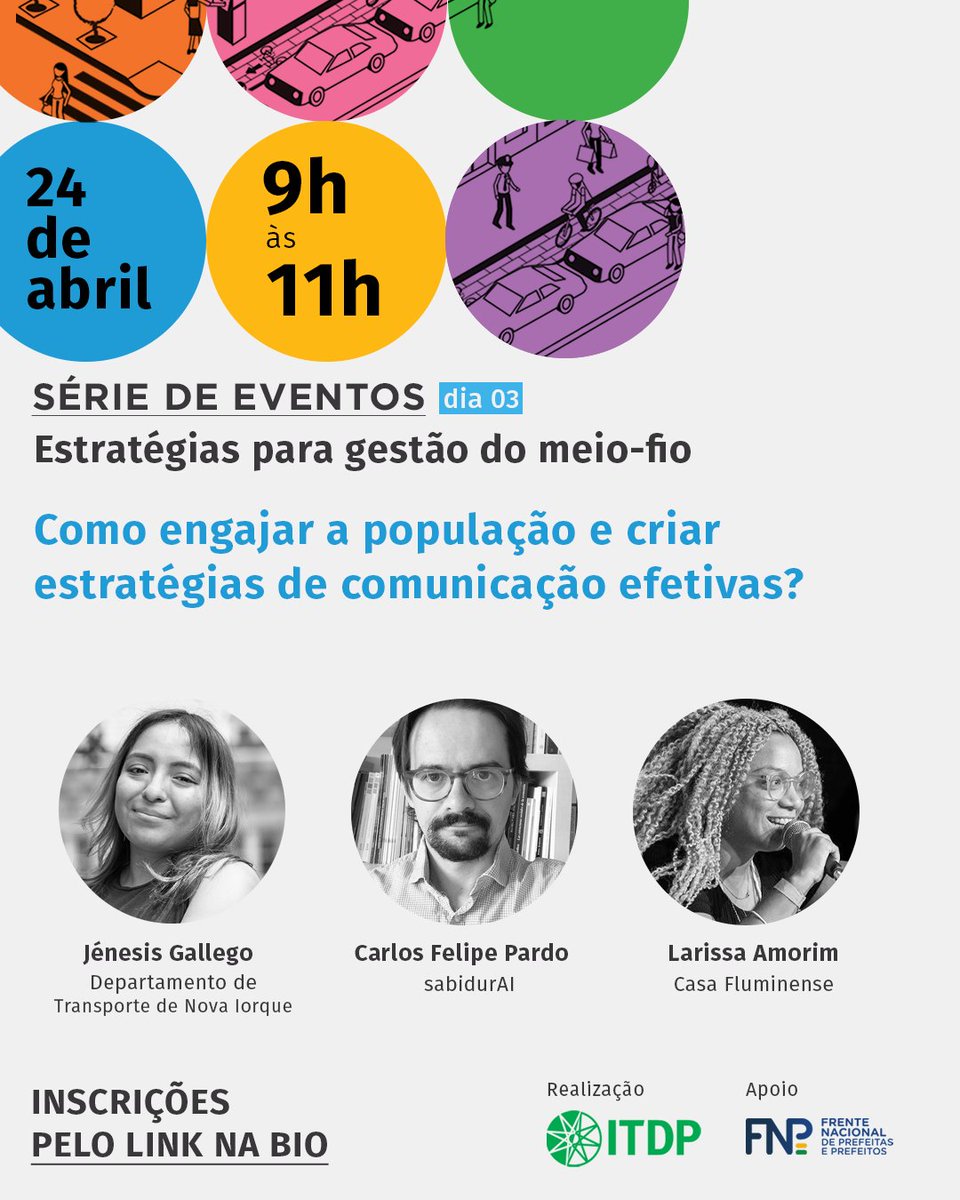 Na próxima quarta (24), teremos o nosso último encontro da série de eventos sobre Estratégias para Gestão do Meio-Fio. Falaremos da importância da comunicação e do engajamento da população para o sucesso dessas estratégias. Faça a sua inscrição: bit.ly/eventos-meio-f…