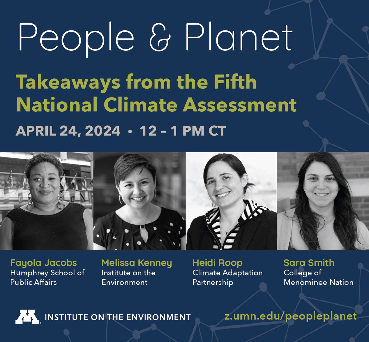 People &amp; Planet: Takeaways from the Fifth National Climate Assessment #NCA5 is next week! Our panelists, all of whom worked on the report, will share their top takeaways relevant to the MW region in this special #EarthMonth discussion.

Register via Zoom: umn.zoom.us/webinar/regist…