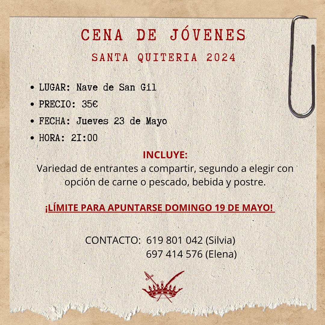 ¡¡CENA JÓVENES SANTA QUITERIA!!

Todo aquel que quiera apuntarse a la cena de los jóvenes, debe ponerse en contacto en los teléfonos que aparecen en la foto, antes del domingo 19 de MAYO.

¡Viva Santa Quiteria!