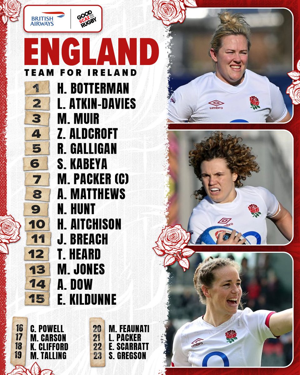 England make two changes to the team that defeated Scotland for Ireland, with Emily Scarratt returning to the bench 🌹

What do you make of this lineup? 

#EnglandRugby #RedRoses #ENGvIRE