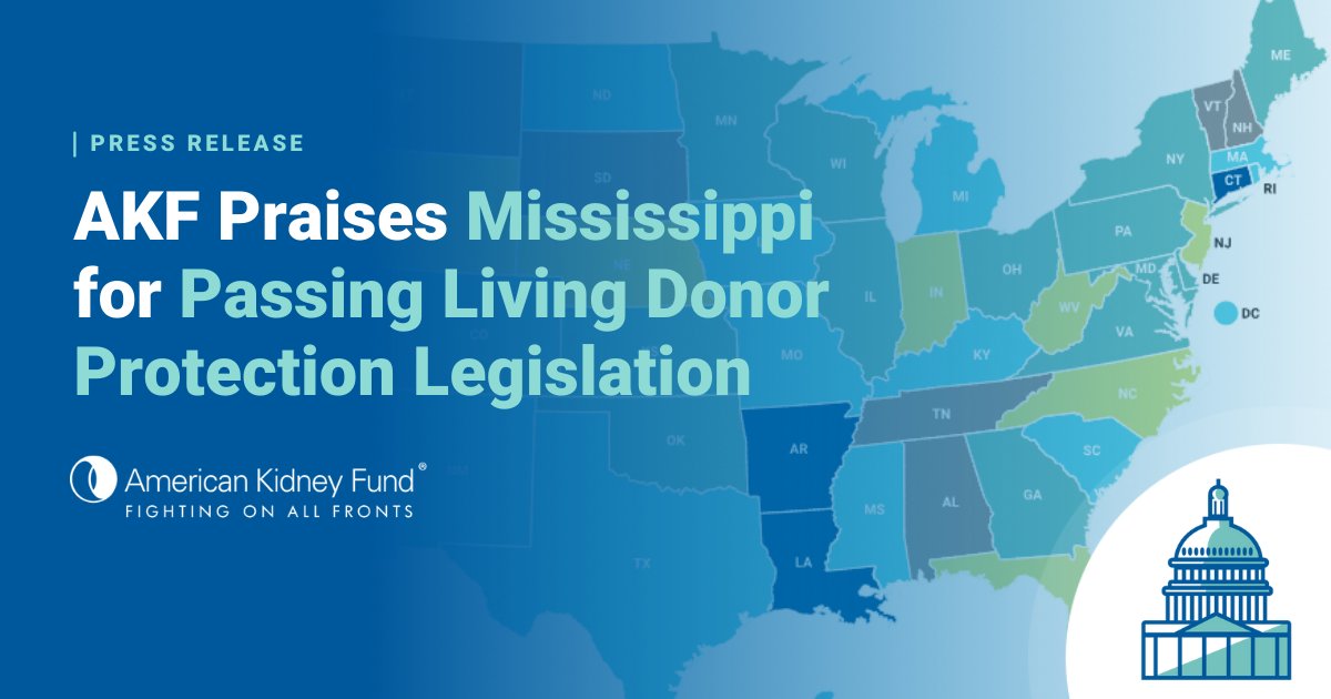 AKF commends #Mississippi for making #livingdonor protections state law. This legislation bans life, disability & long-term care insurers from refusing to ensure #livingorgandonors, limiting their coverage or forcing them to pay higher premiums. Learn more bit.ly/3U6AWIV