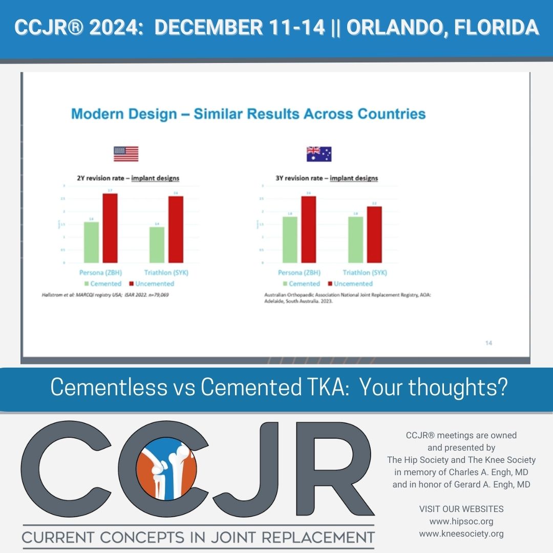 🌟 2/2 Explore cutting-edge topics for arthroplasty surgeons at CCJR 2024! 🌟 Registration opens in June. Don't miss out on this comprehensive event! Visit CCJR.com. #CCJR2024 #Arthroplasty #MedicalConference #CME #hip #knee #cemented #cementless #TKA #THA