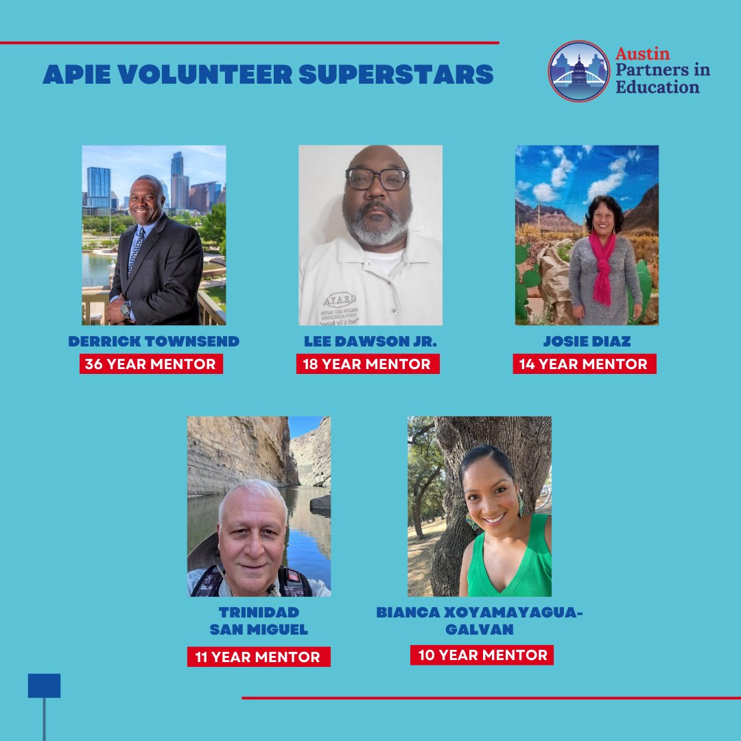 AustinPartners's tweet photo. For #VolunteerAppreciationMonth, we would like to introduce you to our Volunteer Superstars—APIE volunteers who have served 10+ years. First up are our mentors, who have a combined 89 years of service! TY for your dedication to @austinisd students! #VolunteerAppreciationMonth https://t.co/ujTch67Dne