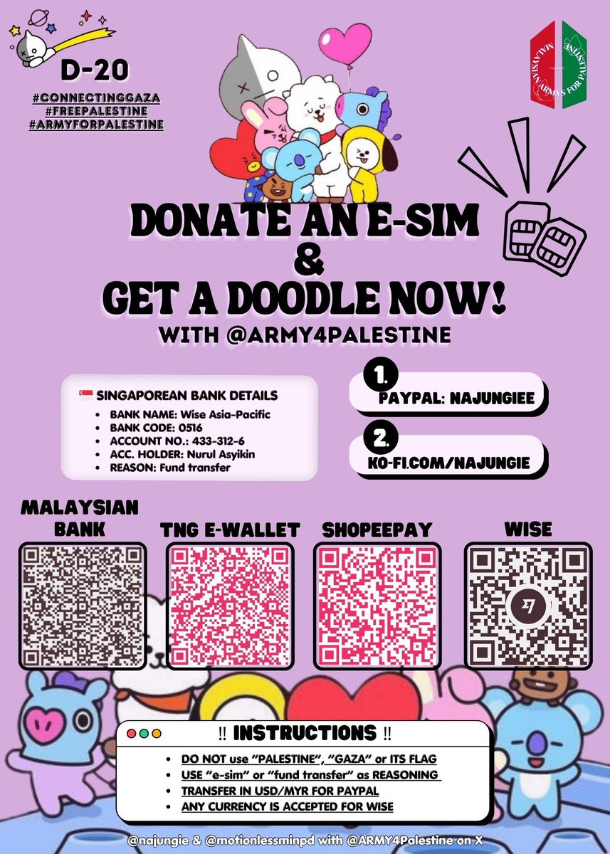 🚨ARMY, the Doodle for Esim campaign with @najungie starts now!! Donate any amount of money to najungie, show us proof of your donation and tell us your bias to receive a cute doodle! Esims are essential for the people in Gaza so we need to have a steady flow of esim donations…