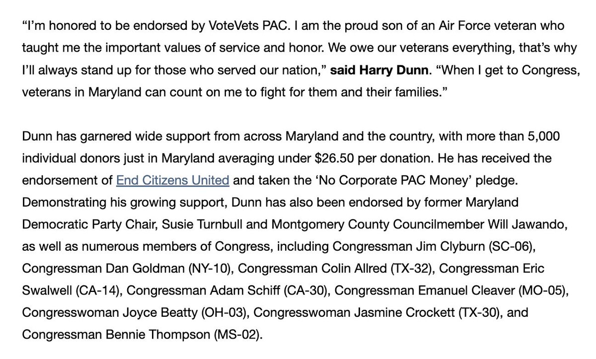 VoteVets PAC, which is capable of big spending, endorsed Harry Dunn in the Democratic primary for Maryland's 3rd today. 'Harry Dunn has already stood in the halls of Congress and defended our democracy. He did it as a heroic Capitol Police officer and he will do it again as a