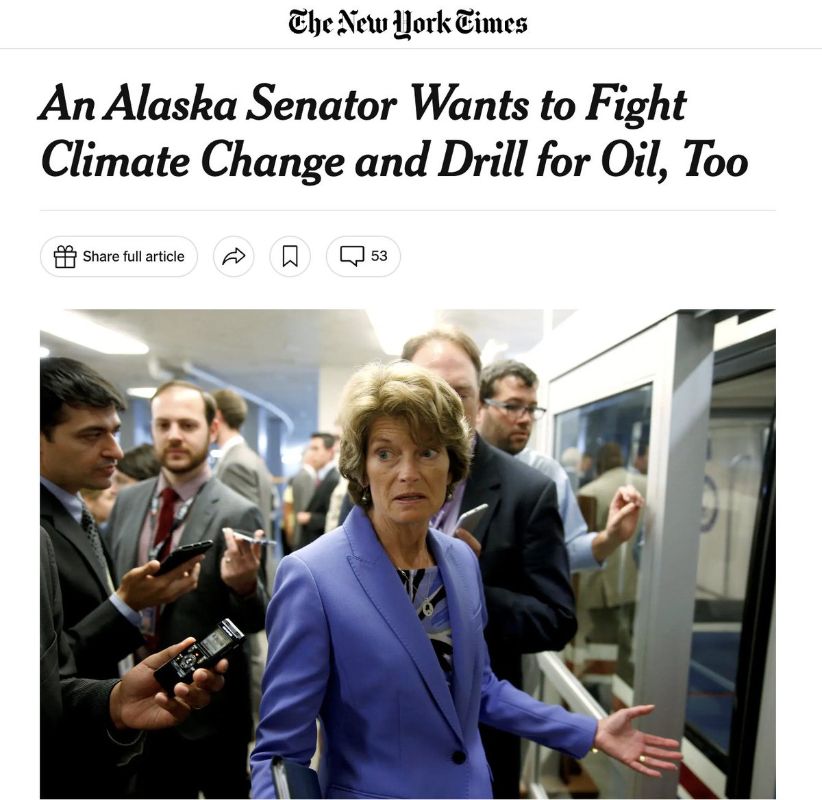 Murkowski brands herself as a moderate but in truth she is an ecocidal pyromaniac. She fought tooth and nail to open up the Arctic National Wildlife Refuge to big oil. Is nothing sacred? Is nothing sacred? (2/5)