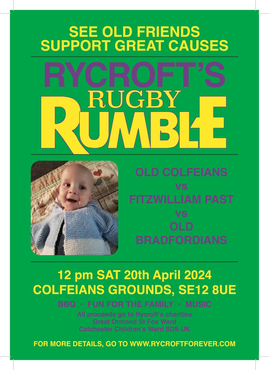 All welcome to this very special tournament and brilliant family day @ColfeiansRugby between OCs @BradfordGrammar @FitzwilliamColl this Saturday. Proceeds in memory of Rycroft ❤️to @GreatOrmondSt @SDSUK and @ESNFT #RareDisease #charity @andrewfoster101 colfes.com/news/rycrofts-…