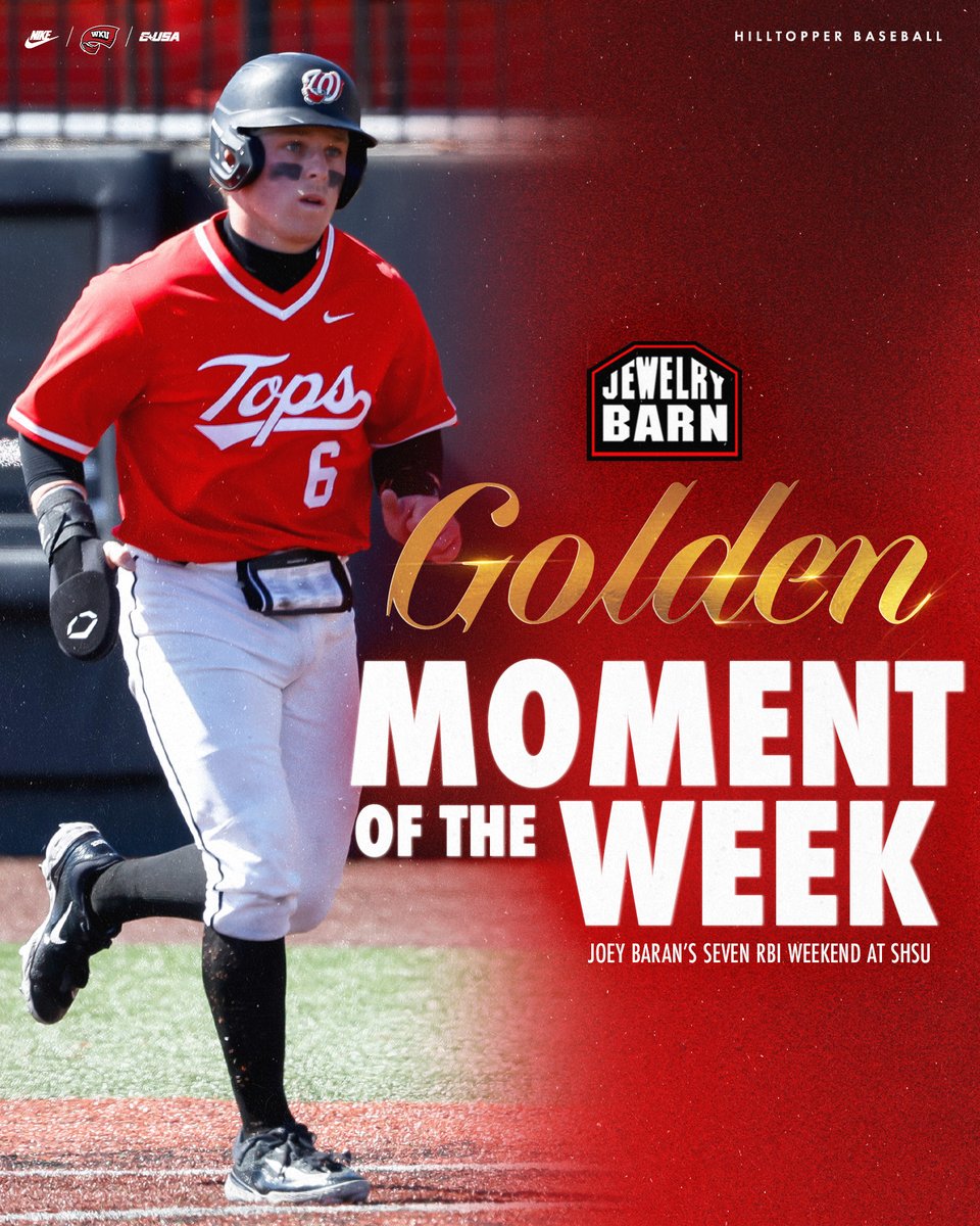 WKU_Baseball's tweet photo. Joey Baran's 7⃣ RBI weekend at Sam Houston is the Jewelry Barn &amp; Pawn 𝑮𝒐𝒍𝒅𝒆𝒏 𝑴𝒐𝒎𝒆𝒏𝒕 𝒐𝒇 𝒕𝒉𝒆 𝑾𝒆𝒆𝒌 🌟

@JewelryBarnBG | #GoTops https://t.co/lK02al2Dga