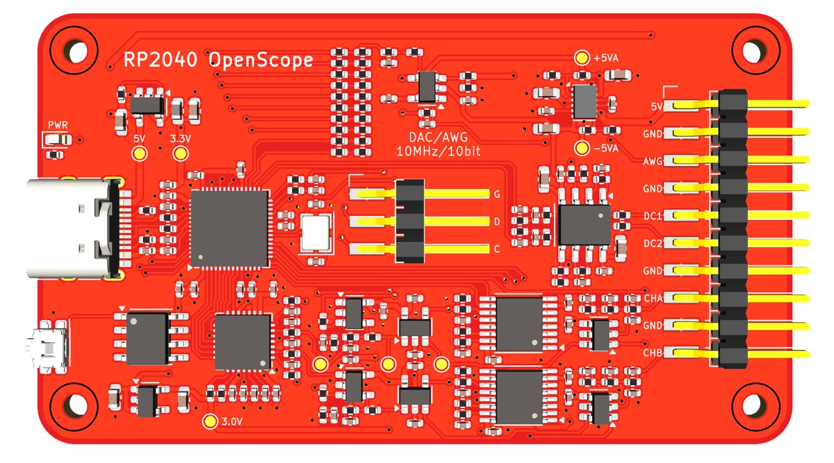 SuGongyu's tweet image. RP2040 based pocket instrument - dual channel scope with 45Msps sampling rate，one channel awg with up to 10MHz，dual adjustable DC.