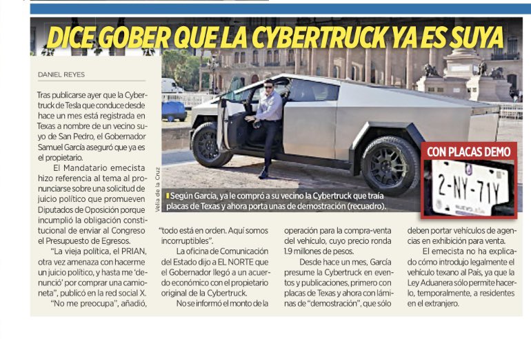 angelcharlsmty's tweet photo. Así las cosas con la #Cybetruck:

La trajo y dijo que era de “un cuate” con placas texanas, le puso placas demo de NL y tras revisarlas en ICV son “colgadas”. La unidad aparece en Tx a nombre de su vecino y ahora dice @samuel_garcias que ¡ya se la compró!.
https://t.co/1KnfZnoebG https://t.co/mQk3ZLMCSe