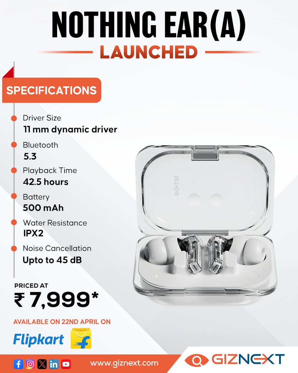 Presenting 'EAR (a)' wireless earbuds by Nothing, seamlessly integrating ChatGPT, priced at ₹7,999. 🎧

Available from 22nd April on Flipkart 🤩

🌈Available in 3 Colors
🔗Dual Connection
🤏Pinch controls
💡LED Charging Status
👂In-ear detection
🚀Google Fast Pair
✅ Ear Tip Fit