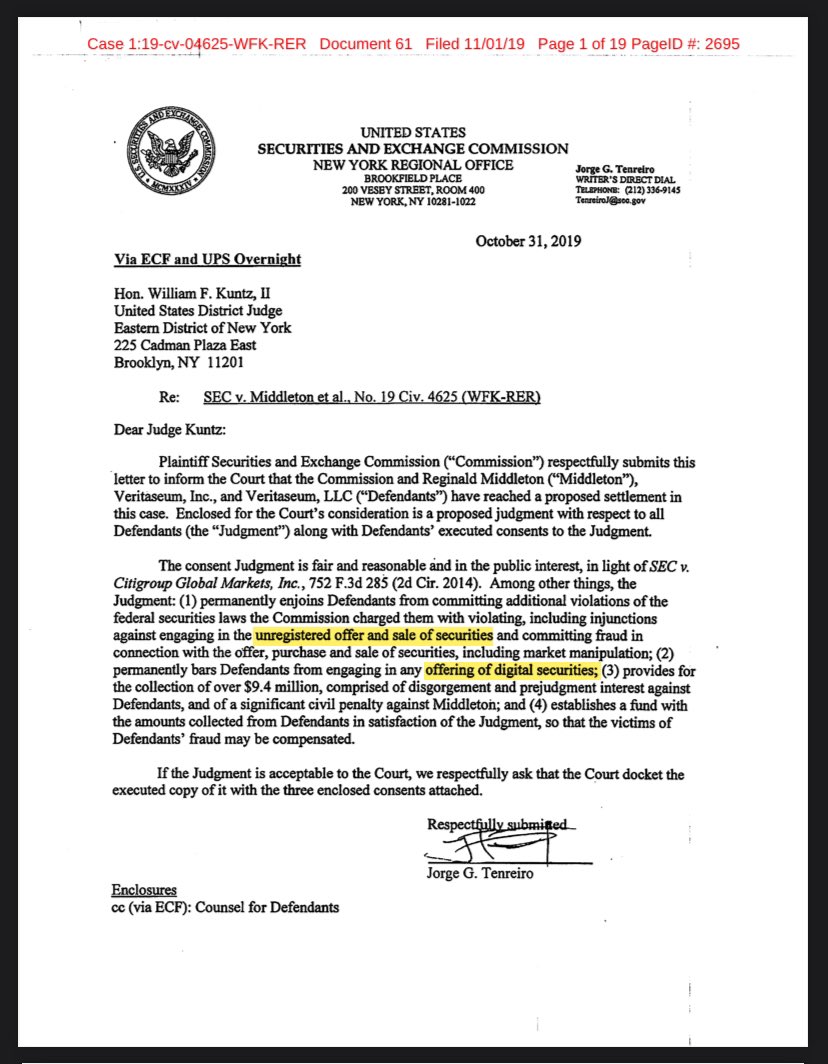 @Ripple @coinbase 15/ It is next to impossible to fight against a government entity with unlimited resources, and as a direct result of limited resources this case was forced into a settlement. The settlement DID NOT include an admission or a denial of the claims against Veritaseum or any