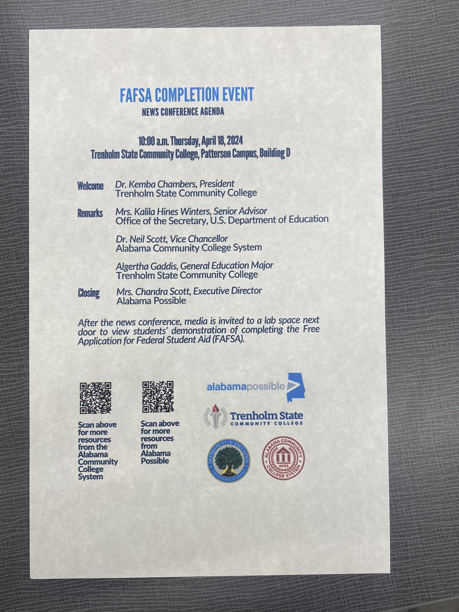 ChandraCScott's tweet photo. Excited to have Kalila Winters, Senior Advisor Office of the Secretary for @usdoegov in Alabama for our #FAFSA Completion event. @alabamapossible @trenholm_state @ACCS_Education https://t.co/C8SYz7Jic6