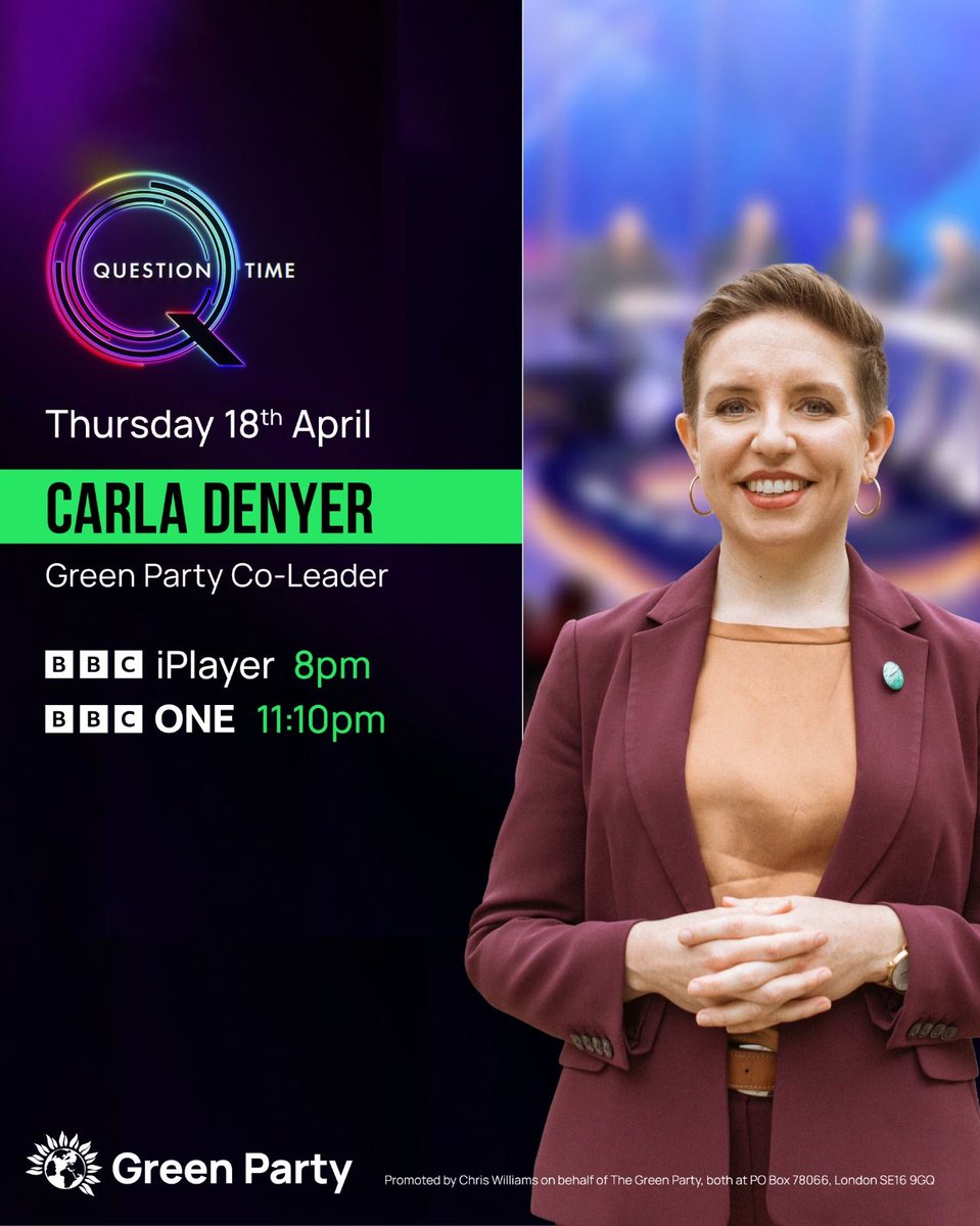 ⏰ Don't miss @carla_denyer on @bbcquestiontime tonight. 💻 8pm on BBC iPlayer 📺 11:10pm on BBC One