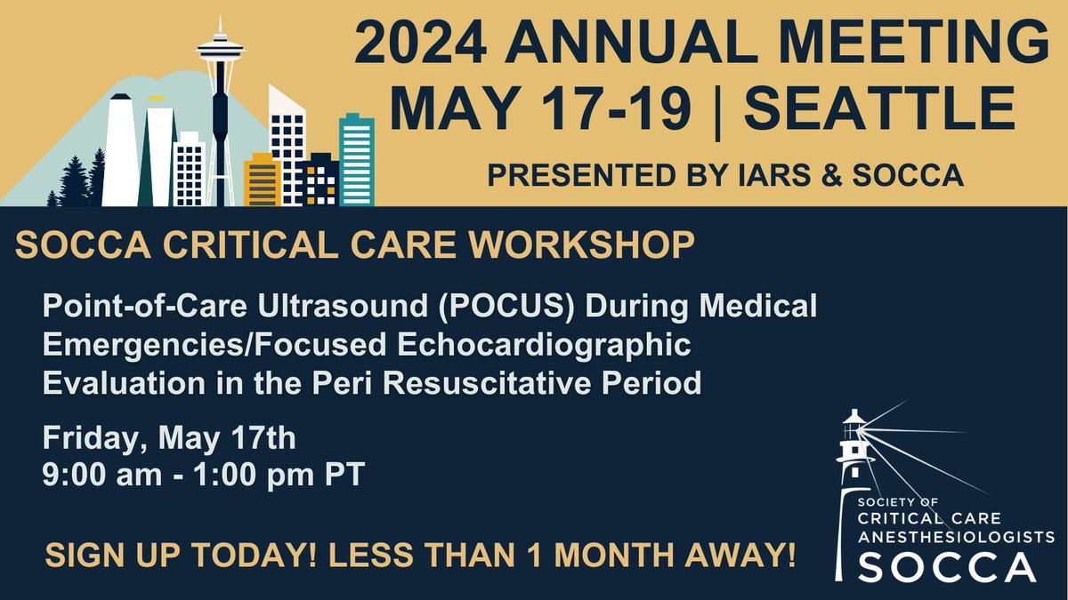 Don’t miss this SOCCA POCUS Workshop: 'Point-of-Care Ultrasound (POCUS) During Medical Emergencies/Focused Echocardiographic Evaluation in the Peri Resuscitative Period' Fri, May 17th, 9:00am-1:00pm PT. Register today: buff.ly/3TWcRW3