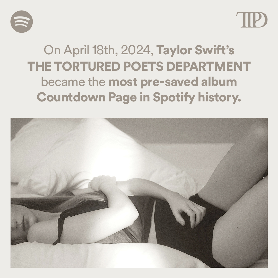 On April 18th, 2024, Taylor Swift's THE TORTURED POETS DEPARTMENT became the most pre-saved album Countdown Page in Spotify history. 🤍
