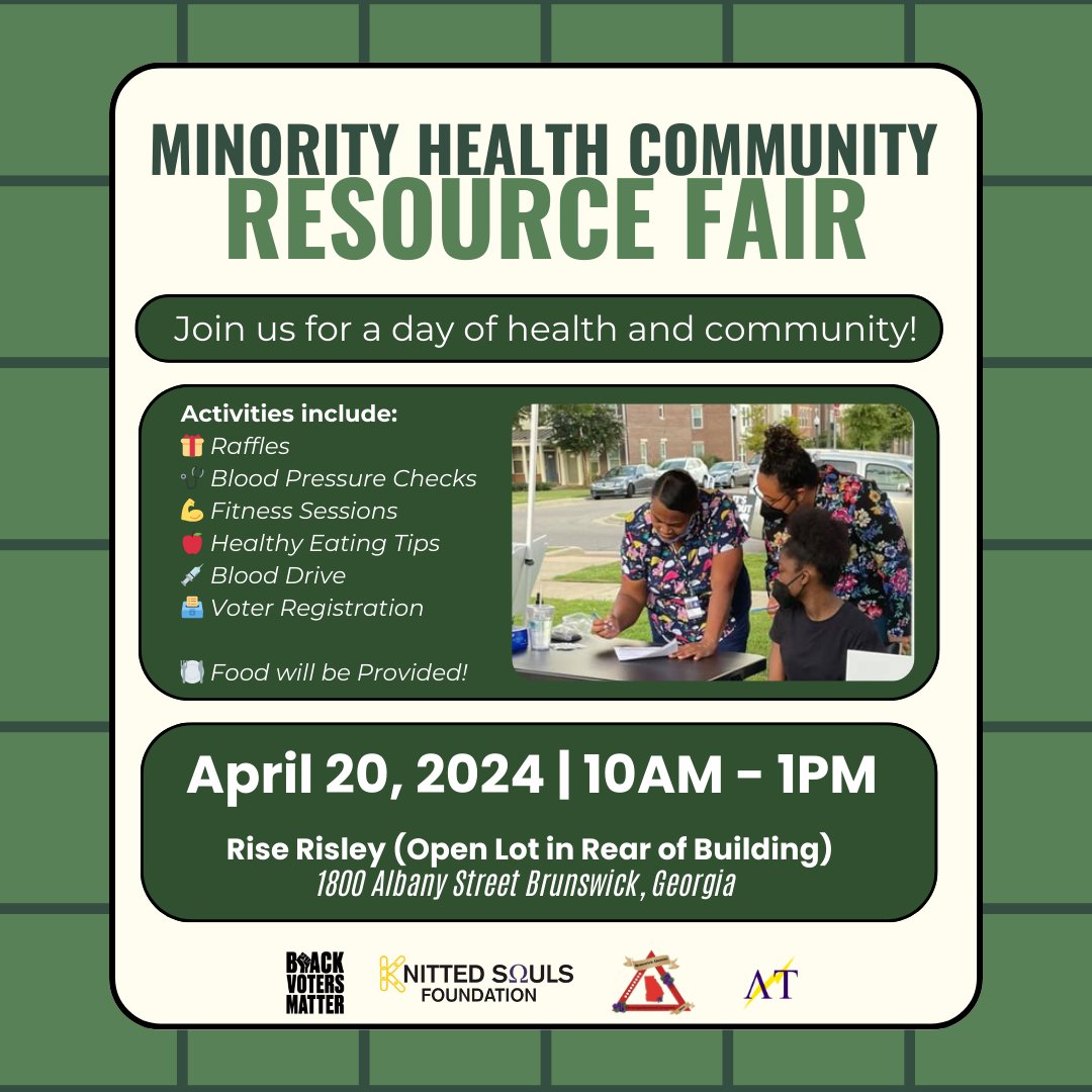 Join us for the Minority Health Community Resource Fair! There will be raffles, health checks, fitness, voter registration, and more. Food provided! Don't miss out! #BlackVotersMatter