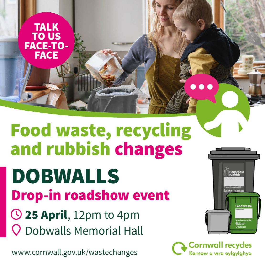📢 Live in Dobwalls and want to find out more about the changes to your recycling, rubbish and food waste services? Then come along to our drop-in road show event next week. 🗓️ Thursday, April 25 ⏰ 12pm-4pm 📍 Dobwalls Memorial Hall, PL14 6LS.