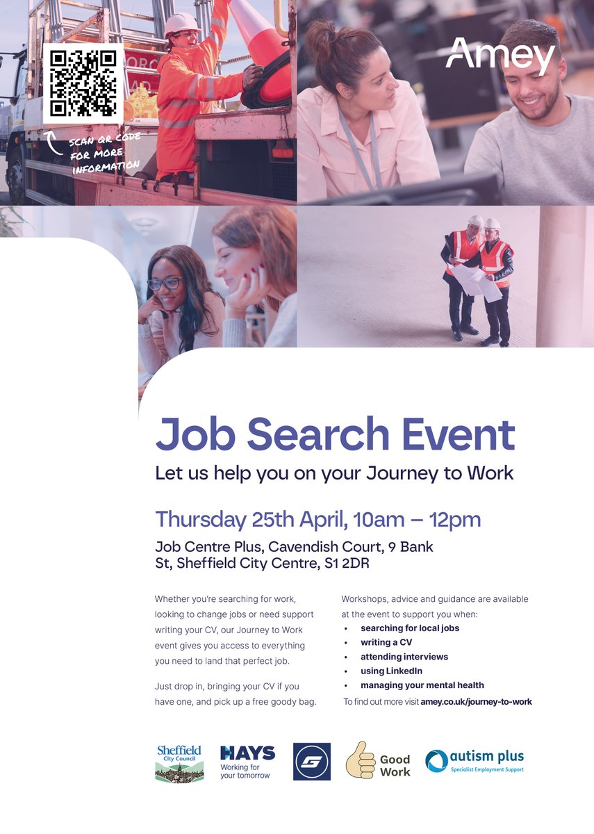 Are you looking for work? We're holding a #JourneytoWork event at Job Centre Plus, Bank St in #Sheffield next Thursday. Just drop-in to access workshops and advice - everything you need to land that perfect job 😀 More info below 👇shorturl.at/sPTV4 @AmeyLtd @SheffCouncil