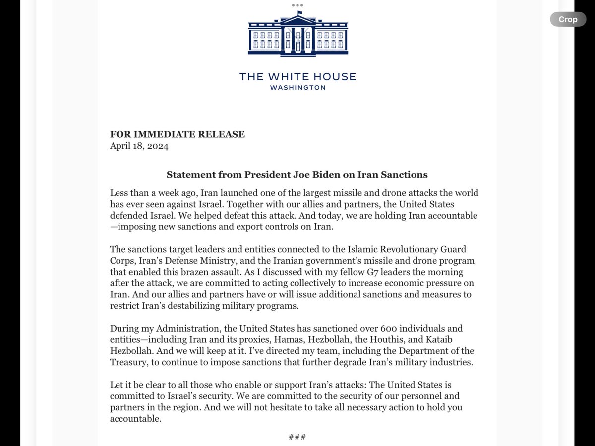 US Iran sanctions are not usually made in statements from the president, as this one is. Sign of the high level of US and international effort to demonstrate action in wake of Iran attack on Israel April 13, as Israel mulls its response.