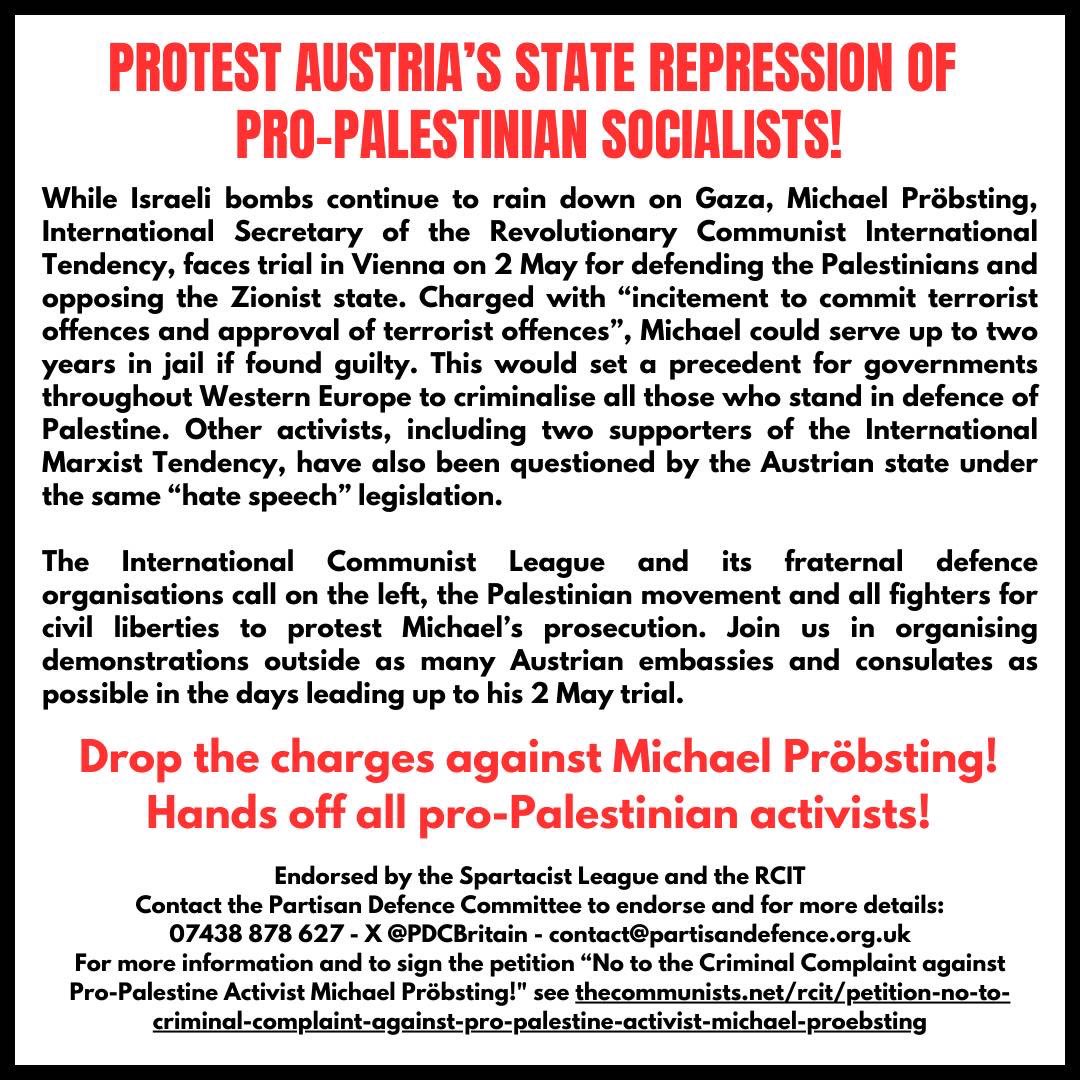 Join us to protest at the Austrian embassy against the repression of pro-Palestinian activists! #FreePalestine #Gaza #london #protest @revcommunists @Socialist_party @SocialistAltEWS @SWP_Britain @PSCupdates @STWuk @corbyn_project @M_Star_Online @Pal_action