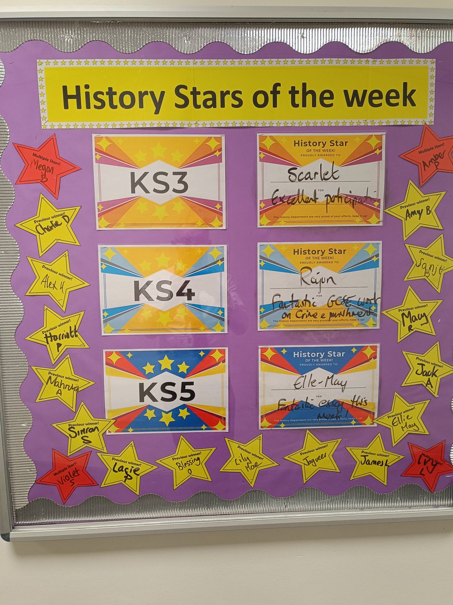 Well done this week's fantastic history stars, Miss McGrath nominated the always brilliant Scarlett from year 7, Mr Tolley nominated year 10s Raju for his great GCSE work recently and Mr Berry nominated Elle-May from sixth form for her brilliant essay this week. 🌟🌟🌟