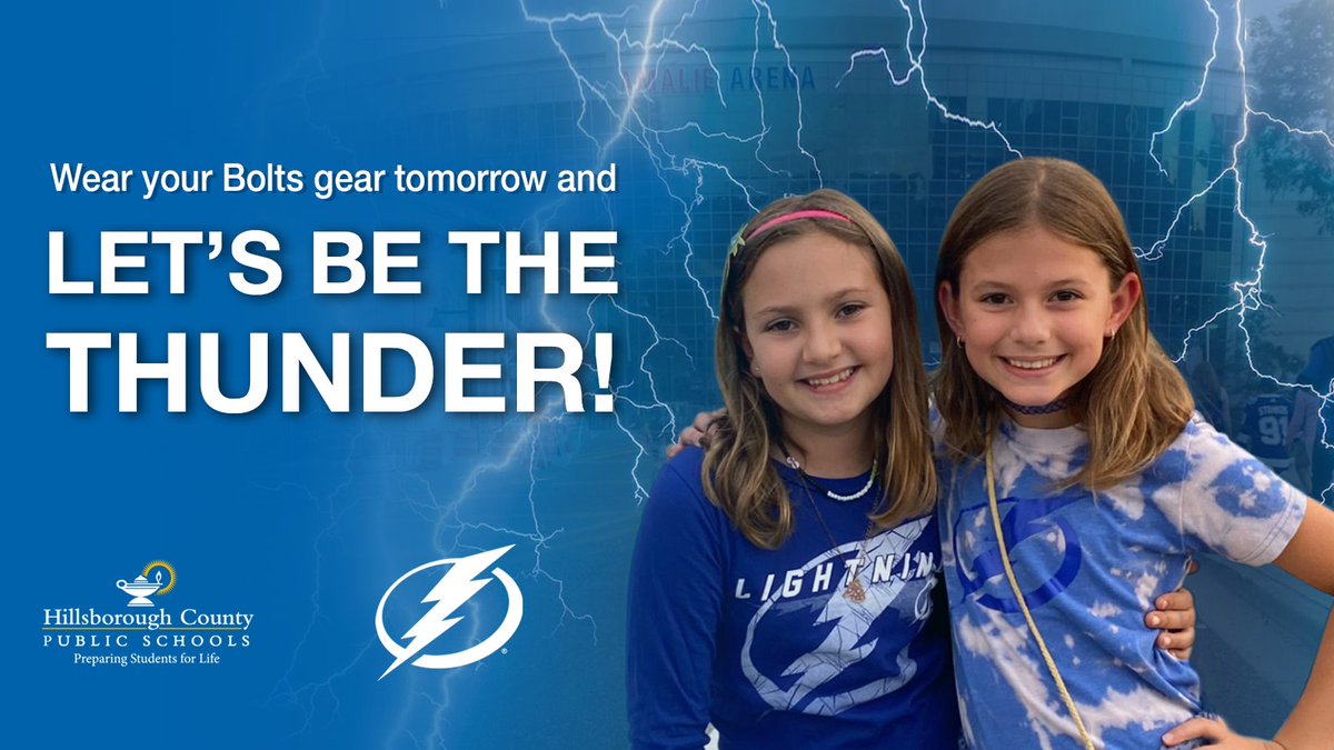 ⚡ Congrats & Good Luck to the @TBLightning as they gear up for Round 1 of the playoffs! Let’s rally around our hometown team by wearing Bolts gear to school tomorrow, April 19th! Hillsborough Strong ➡ BE THE THUNDER!