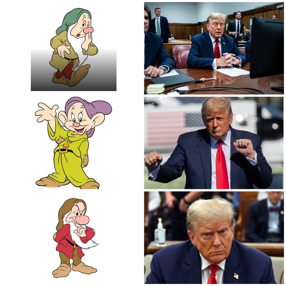 What I realize watching the Trump trial is that he is literally three of the dwarves: Sleepy, Dopey and Grumpy.