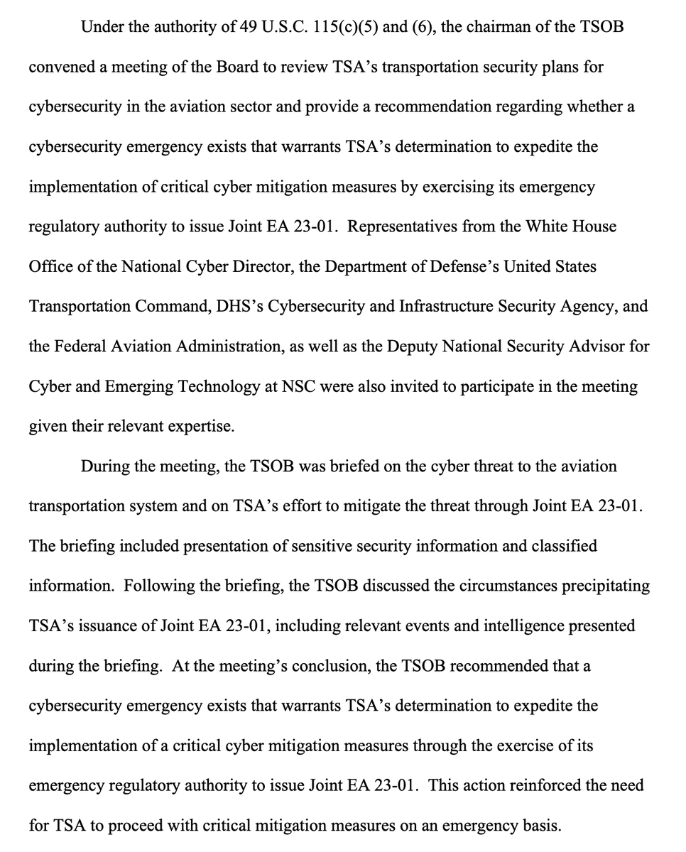 DHS announces that the TSA's oversight panel received a classified briefing on cyber threats to the aviation industry and subsequently concluded that these threats constitute an emergency justifying the TSA's already-issued cyber regulation. public-inspection.federalregister.gov/2024-08394.pdf