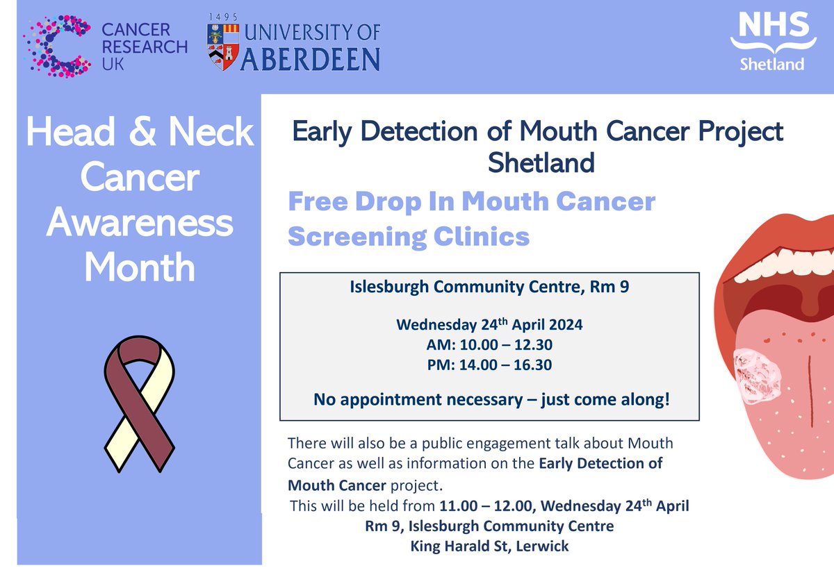 Mouth cancer is sadly on the rise with one new case diagnosed every hour.
#EarlyDiagnosisSavesLives so we are co-hosting an Early Diagnosis of Mouth Cancer event at Islesburgh Community Centre in Lerwick on Wednesday 24th April (see poster below for details).

#BeMouthAware